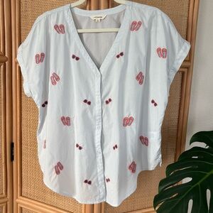 NWOT Lucky Brand Summer Motif Embroidery Shirt in Blue Size:L| Vacation!